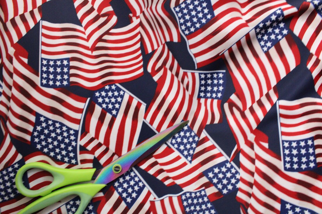 1 Yard American Flags Print Stretch Fabric for Patriotic Swimwear Costumes Dancewear and Active Apparel 58&#x22; x 60&#x22; Inch Width