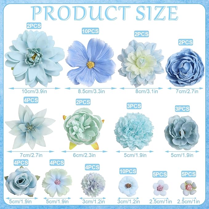 60pc Blue Artificial Flower Heads Bulk Mix - Silk Roses, Daisies, Peonies & Hydrangeas (1"-3.9") for DIY Graduation Caps, Wedding Decor, Cake Toppers & Home Garlands