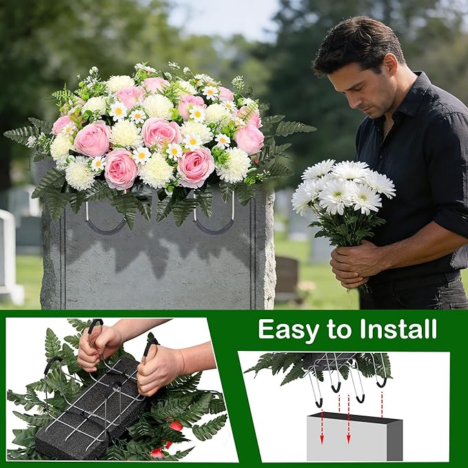 Cemetery Flowers for Graves Cemetery Saddles for headstones Silks Grave Roses for Outdoor Grave Decorations Weatherproof,NO-Fading