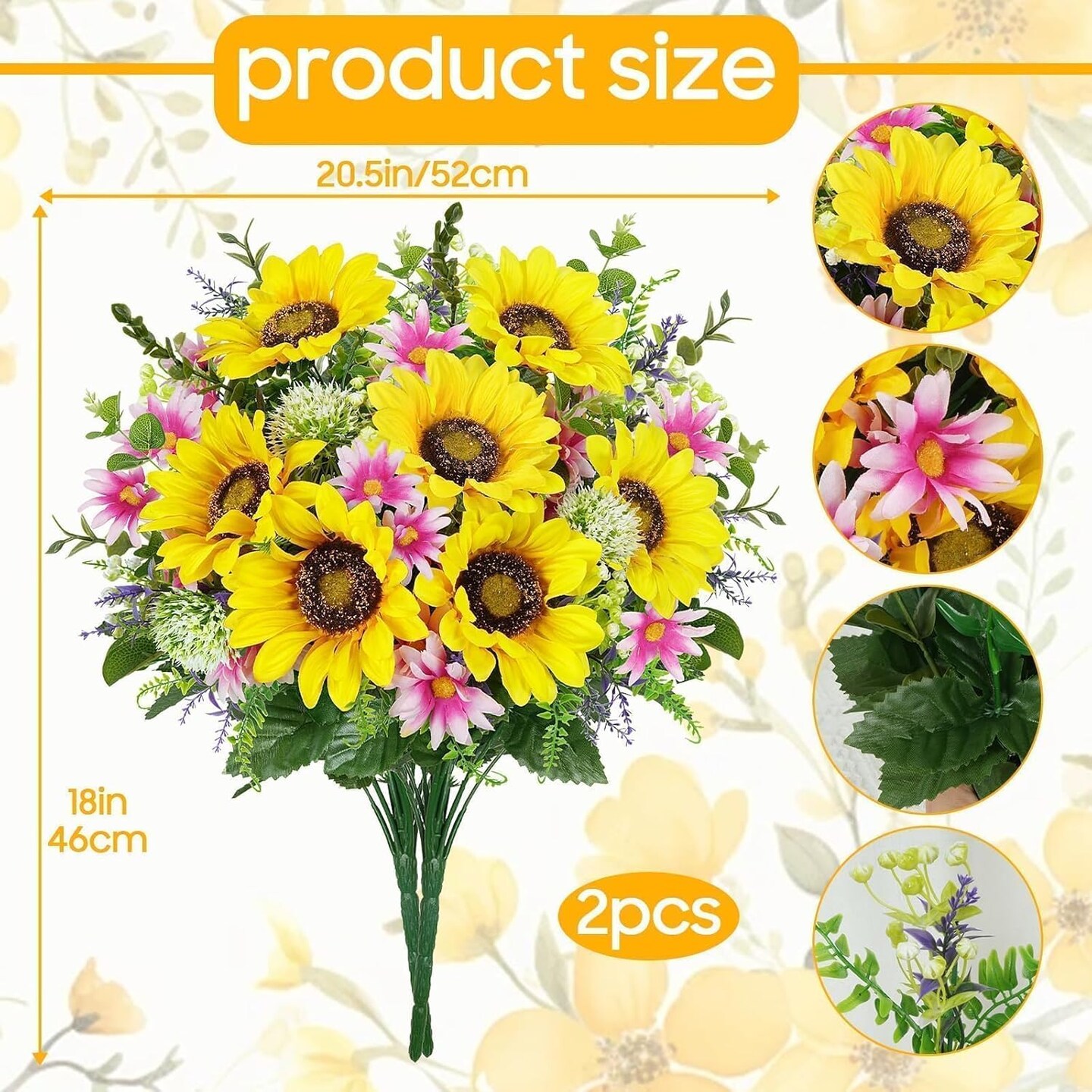 2pcs Cemetery Flowers for Grave Artificial Sunflowers Bouquet Faux Wildflowers with Daisy Spring Flowers for Grave Vase Floral Arrangements Wedding Table Centerpieces Home Decor
