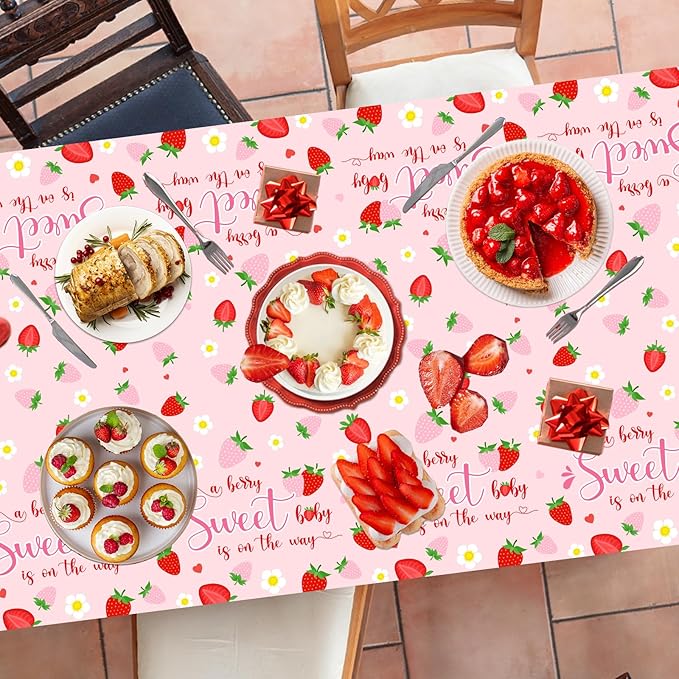 Strawberry Baby Shower Decorations Tablecloth, 3Pcs A Berry Sweet Baby is on The Way Decorations Strawberry Tablecloth, Sweet Baby Table Cover for Strawberry Baby Shower Supplies