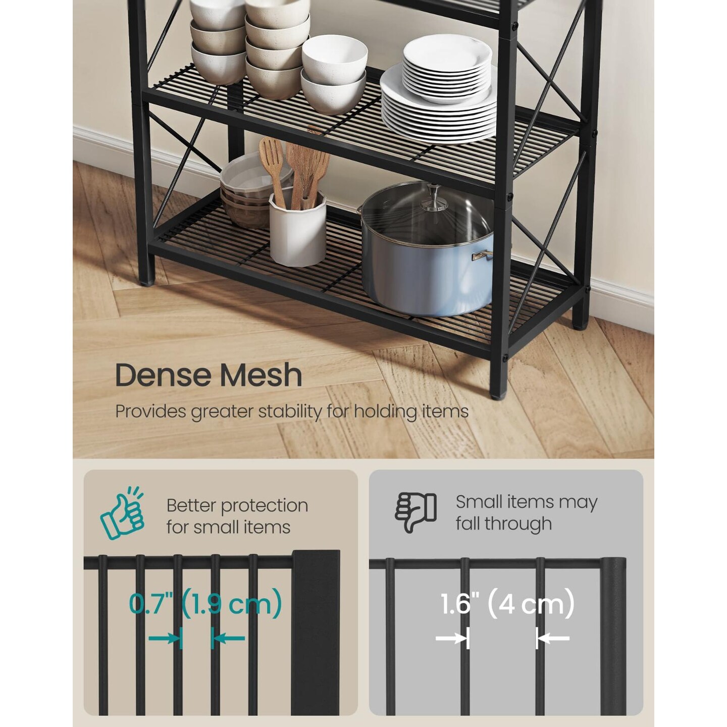 5 Tier Steel Storage Rack with Mesh Shelves, Multi Use Organizer Shelf Unit for Kitchen Bathroom Entryway with Adjustable Feet