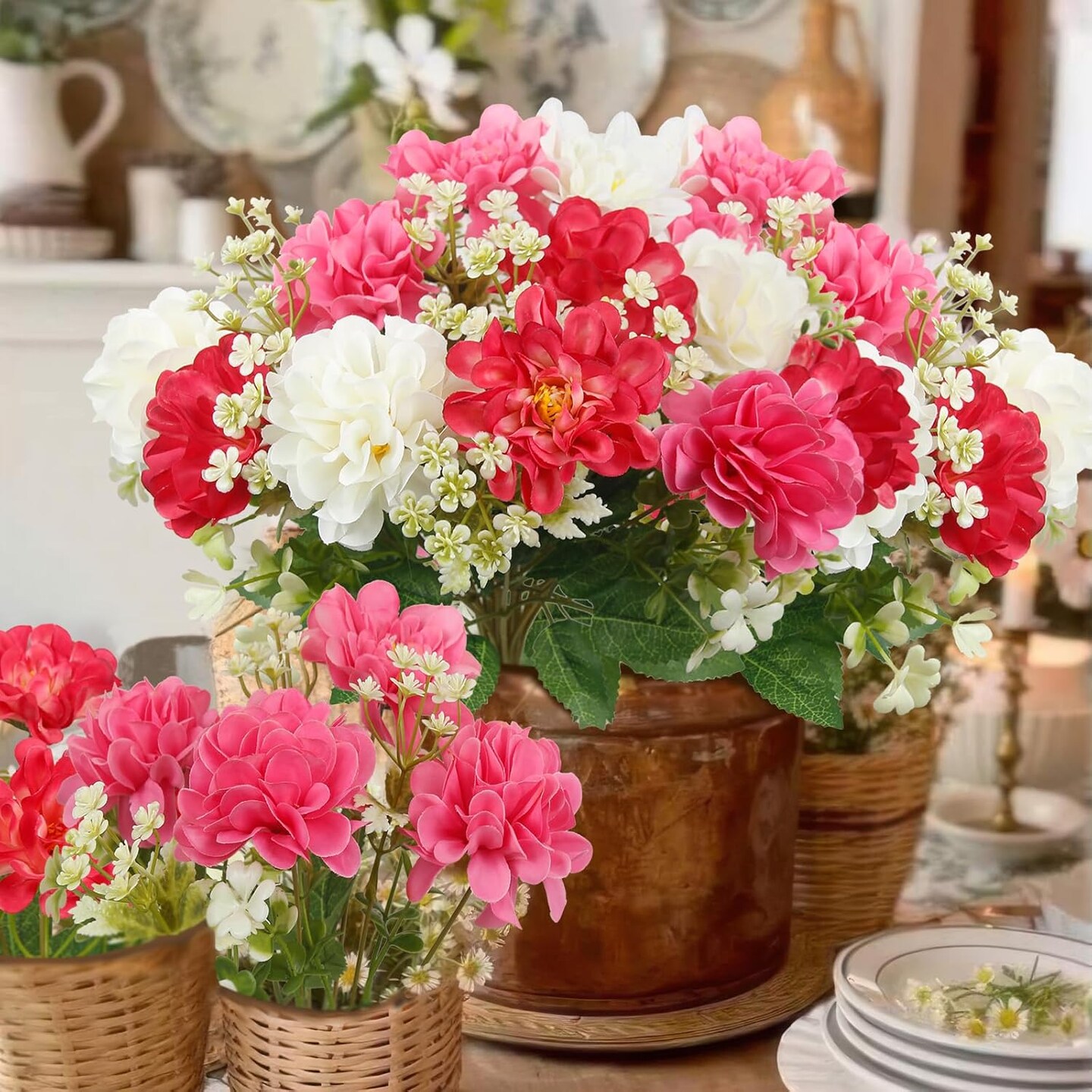 3 Pcs Artificial Flowers for Outdoors Faux Geraniums Bush UV Resistant Artificial Topiary for Potted Silk Flowers Outdoor for Planters Hanging Basket Window Front Porch Garden Patio Decor