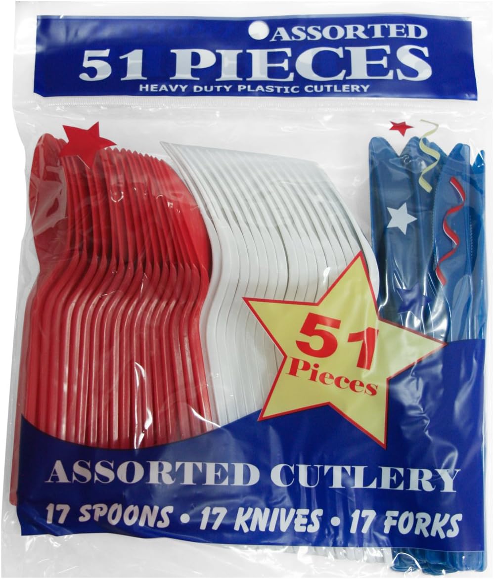 51PCS Patriotic Red, White & Blue Plastic Cutlery Combo Pack – Disposable Hard Plastic Forks, Knives & Spoons for Party Supplies & Celebrations