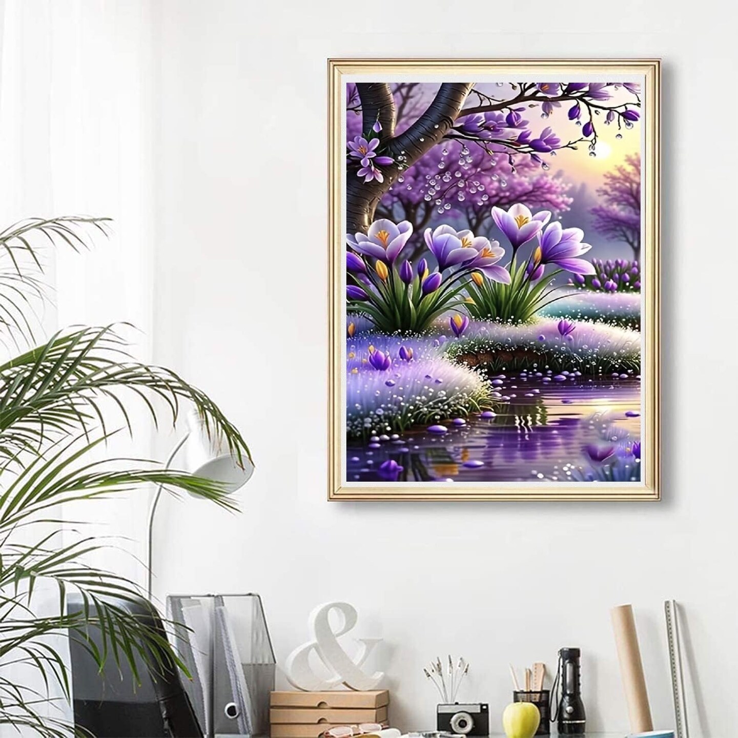 Purple Spring Flower 5D Diamond Art Kit – 12x16” Full Round Drill DIY Landscape Painting – High-Definition Waterproof Gem Art for Adults & Beginners – Shimmering Floral Rhinestone Wall Decor