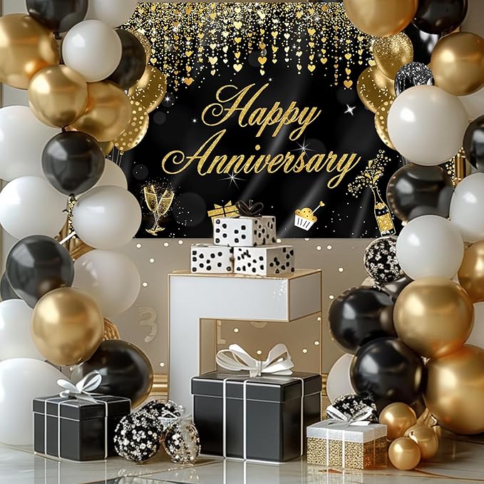 Extra Large Happy Anniversary Banner (70.8" x 43.3") - Black & Gold Fabric Photo Backdrop - Premium Polyester Anniversary Decorations for Wedding, Bridal Shower, Indoor & Outdoor Party Decor