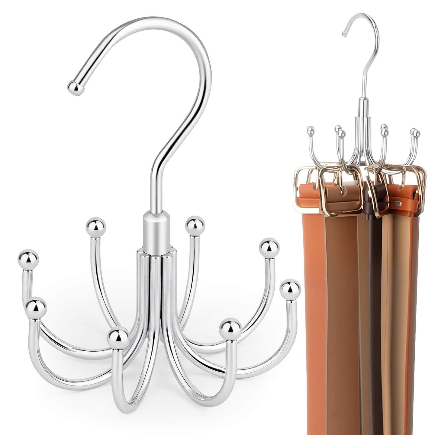 Belt Organizer for Closet, Heavy-Duty Rotating Belt Hanger Rack Holds up to 24 Belts, Hanging Space Saving Metal Belt Holder for Closet Storage, Silver