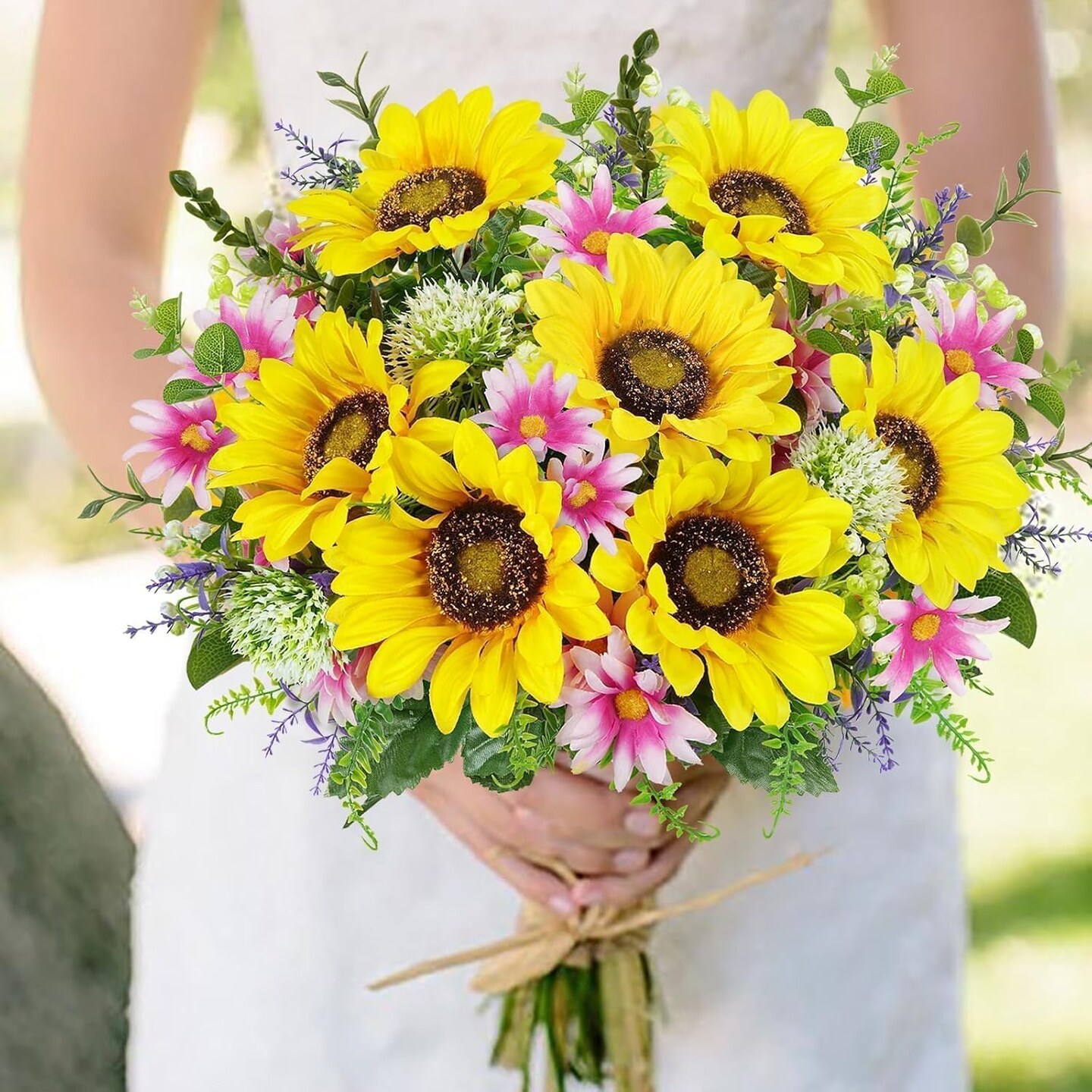 2pcs Cemetery Flowers for Grave Artificial Sunflowers Bouquet Faux Wildflowers with Daisy Spring Flowers for Grave Vase Floral Arrangements Wedding Table Centerpieces Home Decor