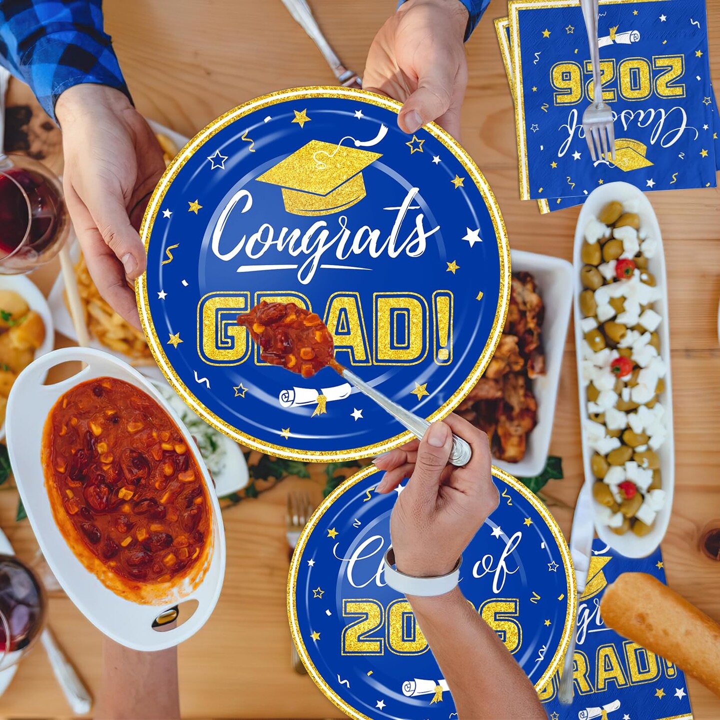 Graduation Plates and Napkins 2026 Congrats Grad Disposable Paper Plates Cocktail Napkins Luncheon Napkins for Blue and Gold Graduation Party Decorations, Serve 50
