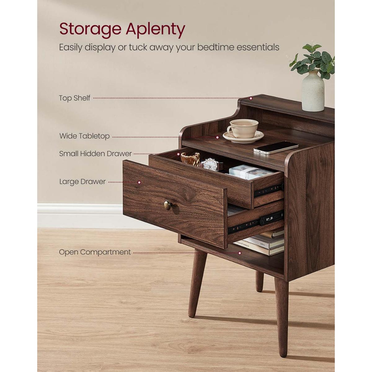 Nightstand Set of 2 with Hidden Drawer Mid Century Bedside Tables Storage Cabinet Walnut Wood Bedroom End Tables