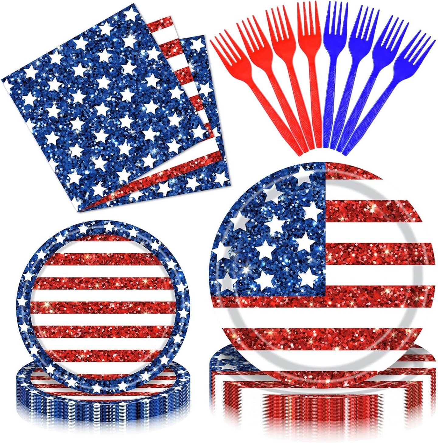 100PCS Glitter Patriotic Tableware Set for 25 Guests – American Flag Disposable Dinnerware with Plates, Napkins & Forks for 4th of July, Memorial Day & Veterans Day BBQ