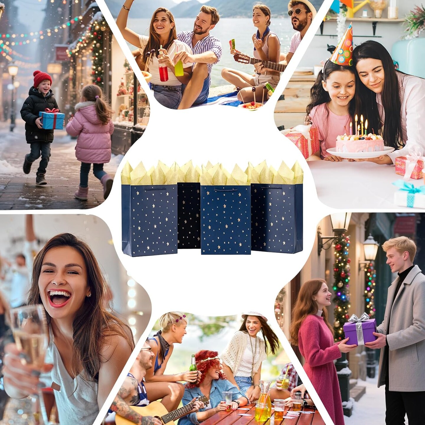 10 Pack Navy Blue Kraft Paper Gift Bags with Gold Foil Stars – 8x4x11 Inch Gift Bags with Handles & Tissue Paper, Bulk Gift Bags for Groomsmen, Christmas, Parties & Events