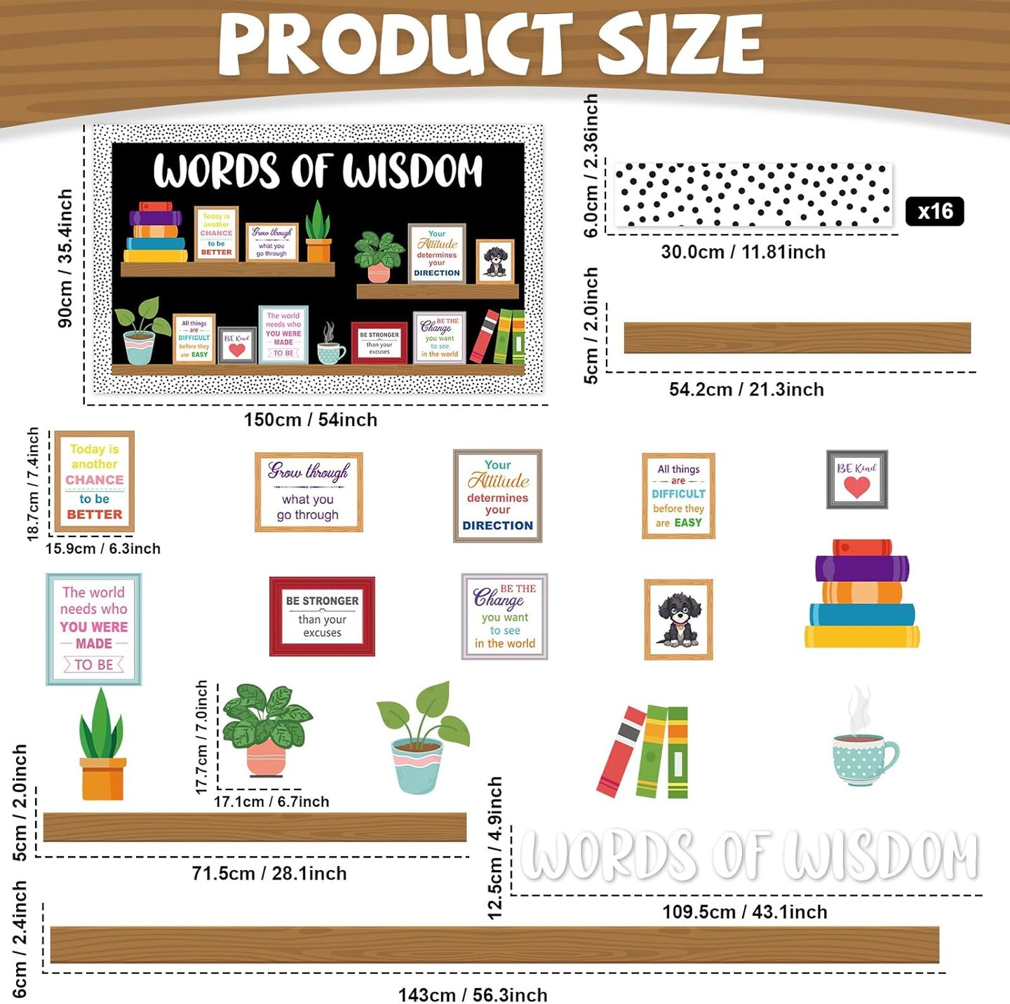 Motivational Bookshelf Bulletin Board Set - Words of Wisdom Classroom Decorations with Potted Plants & Inspirational Quotes - 34 Pcs Back to School Decor for Teachers, Library & Office Wall