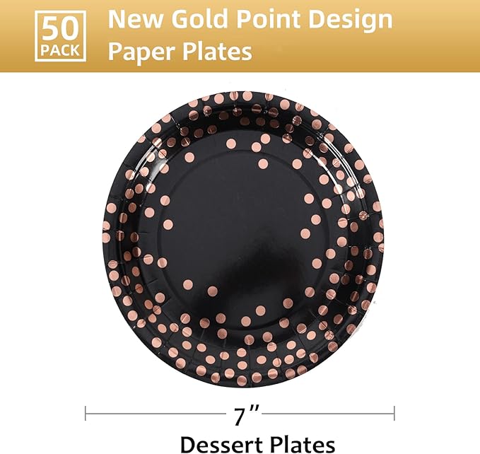50pc Black & Rose Gold Polka Dot Paper Plates - 7" Premium 350gsm Heavy-Duty Dessert Plates - Elegant Disposable Rose Gold Foil Appetizer Plates for Graduation 2026, Wedding, Birthday & Bachelorette Decor