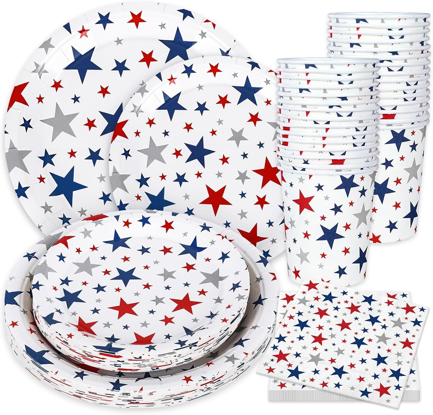 96PCS Patriotic Stars Tableware Set for 24 Guests – Red, Blue & Silver Disposable Dinnerware with Plates, Napkins & Cups for 4th of July, Memorial Day & Independence Day Celebrations