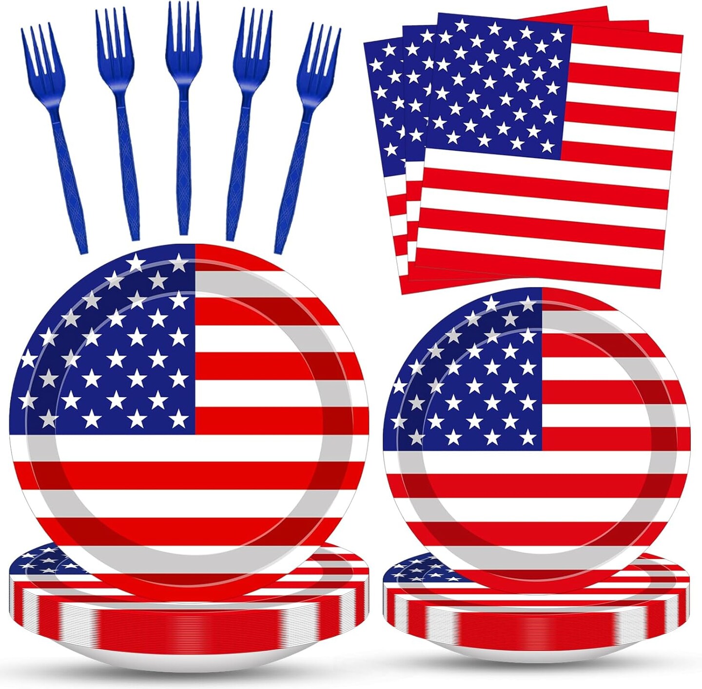 100PCS USA Flag Patriotic Party Supplies Set for 25 Guests – Red, White & Blue Disposable Tableware with Plates, Napkins & Forks (4th of July & Independence Day Decorations)