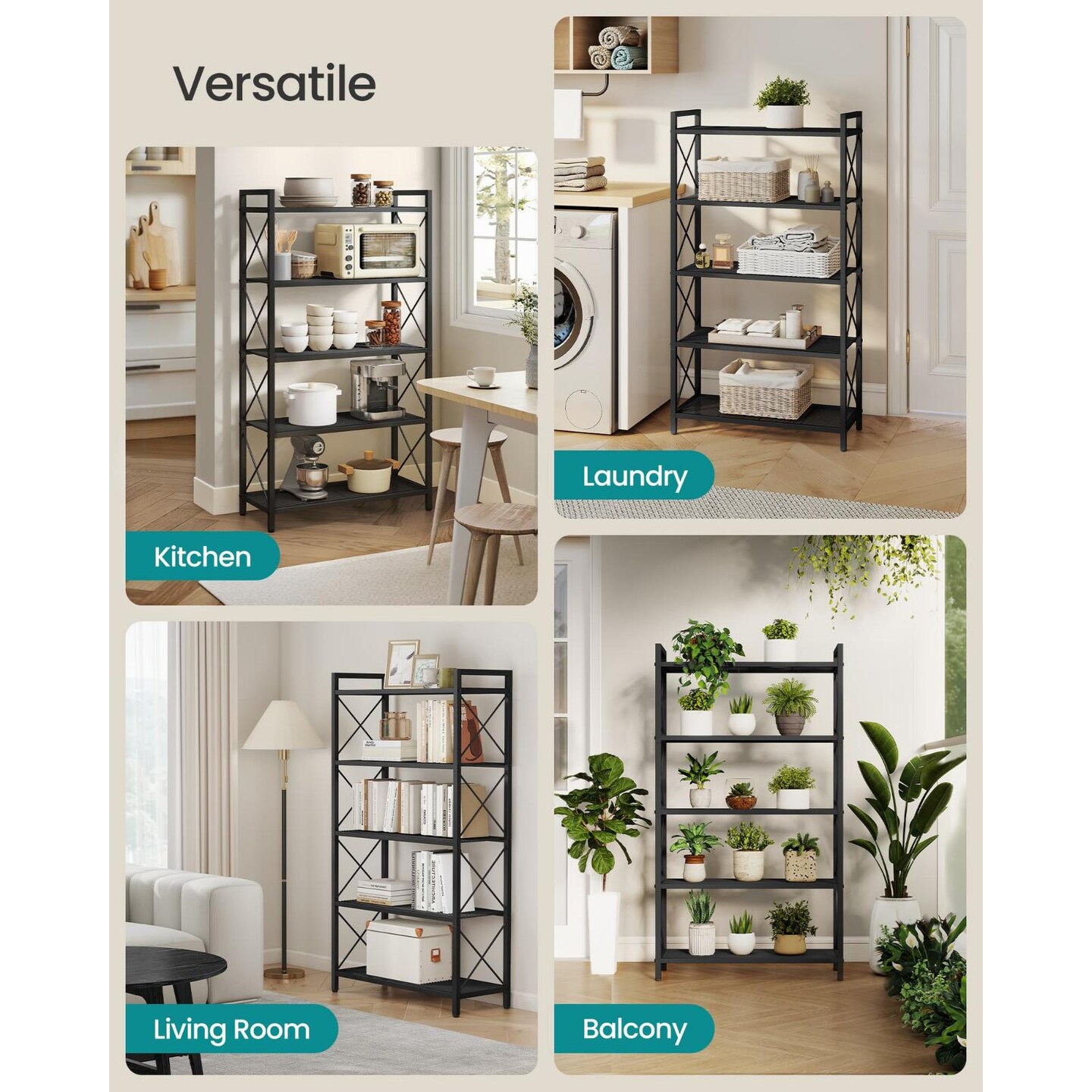 5 Tier Steel Storage Rack with Mesh Shelves, Multi Use Organizer Shelf Unit for Kitchen Bathroom Entryway with Adjustable Feet