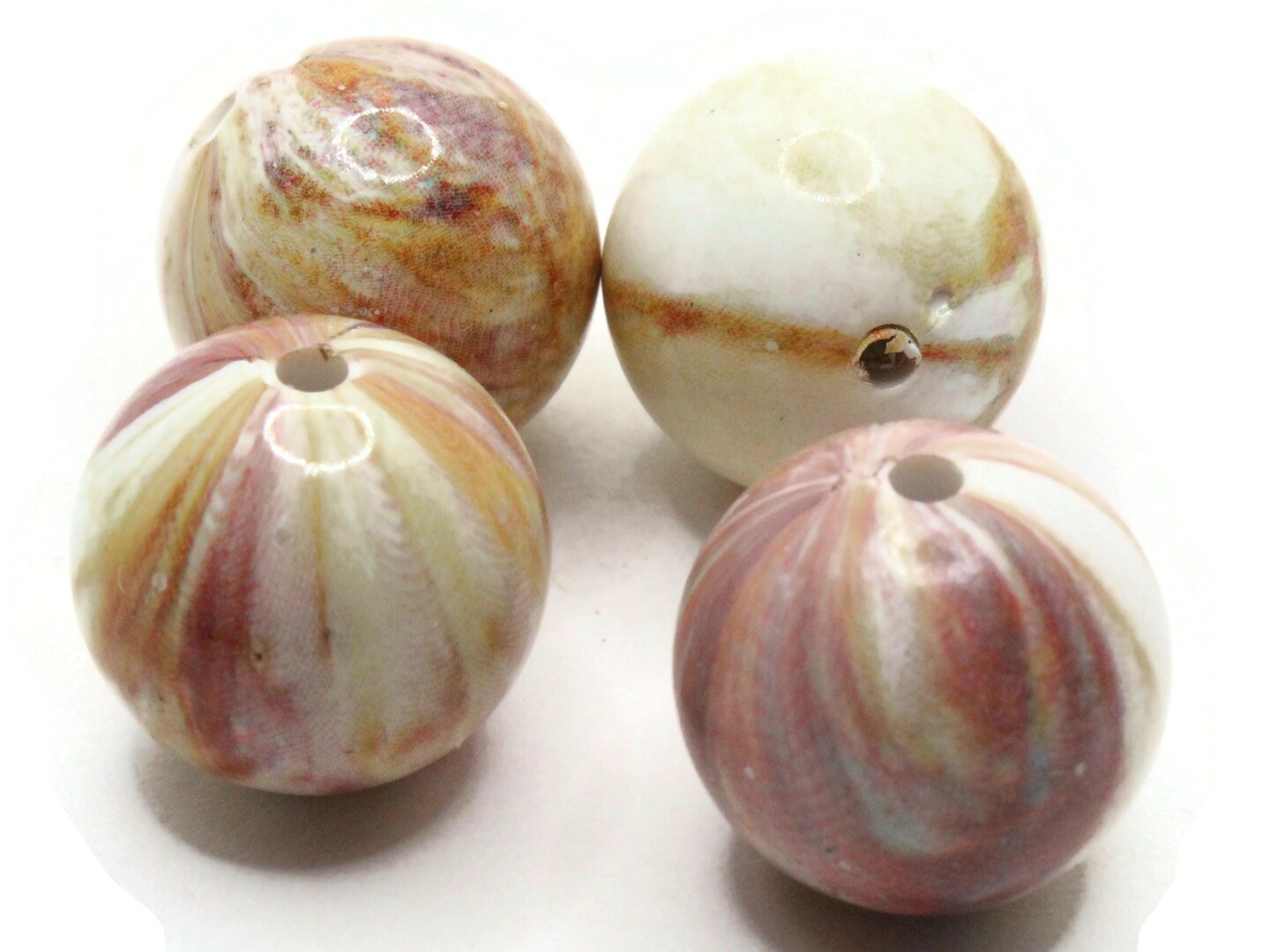 4 20mm Off White with Red and Brown Stripe Vintage Lucite Round Beads