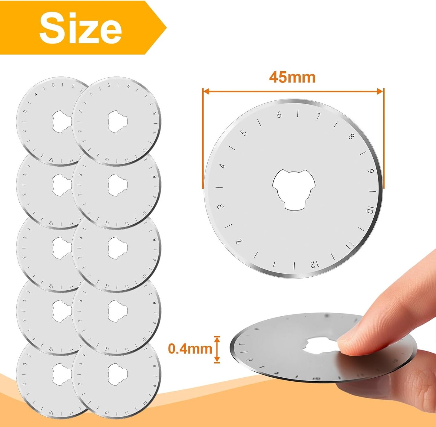 10 PCS 45mm Rotary Cutter Replacement Blades Ultra-Sharp and Durable Steel Blades with Clear Scale Rotary Cutter Blades for Quilting Sewing Crafting and Fabric Leather Cutting (45mm-Silver)