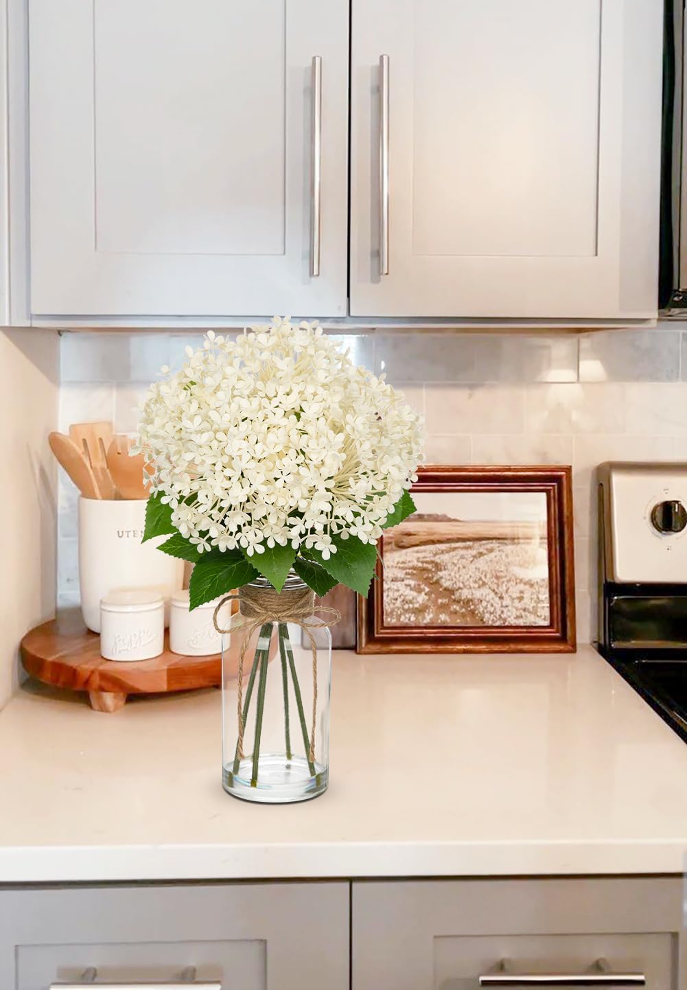 Artificial Hydrangea Flowers in Glass Vase with Faux Water, 13.8&#x22; Fake Cream Hydrangeas Arrangement Centerpiece for Home Caf&#xE9; Kitchen Bathroom Decoration