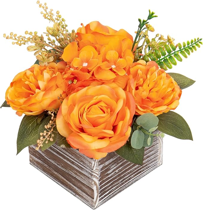 Artificial Flower Arrangement, 8&#x27;&#x27; Orange Roses Peonies Hydrangeas in Wooden Planter, Rustic Fake Flowers in Pot for Home Decor Living Room - 1PC
