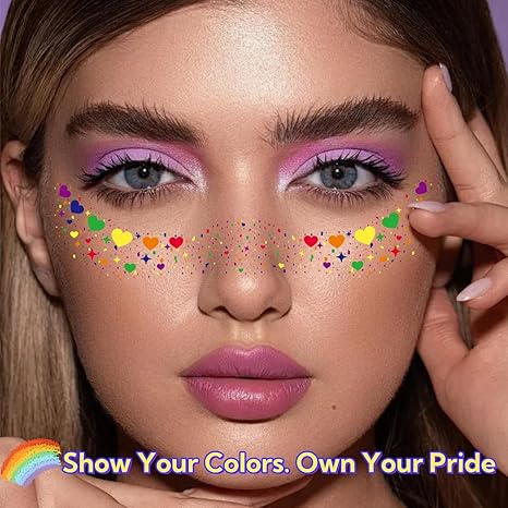 Glitter Freckles Rainbow Pride, 6-Pack Face Tattoo Sparkle Heart Freckles Makeup Patches for Face Rave Accessories (Pride Rainbow)