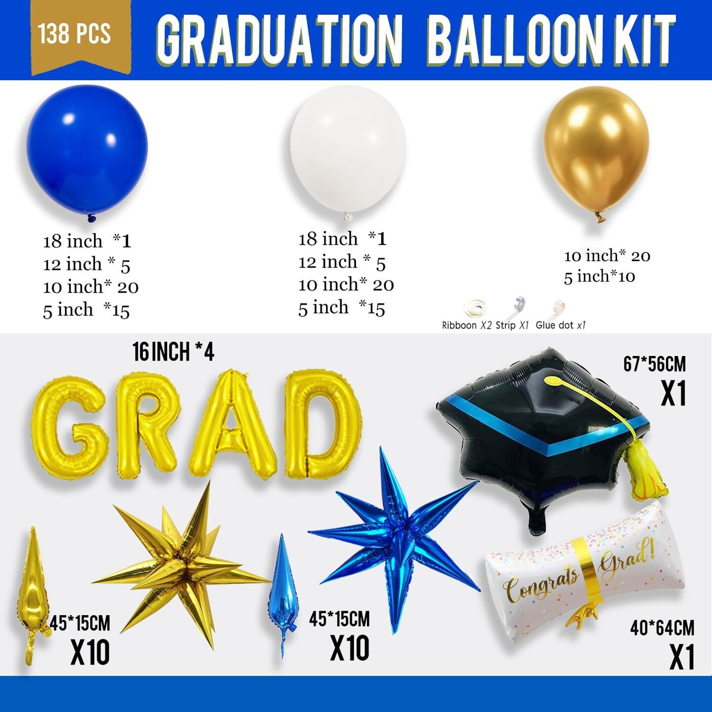 138Pcs Royal Blue and Gold Graduation Balloon Arch Kit - Class of 2026 Garland with GRAD Foil Letters, Cap & Diploma Balloons - Professional Party Supplies for College, High School & Prom