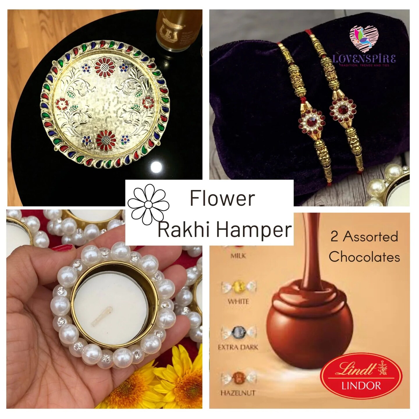 Rakhi Gift Hamper with Gift Box Set of 2 Rakhi with Traditional Puja Plate Roli Chawal Candle Holder - Raksha Bandhan Bracelet Rakhi for Brother Bhai Bhabhi Sister-In-Law