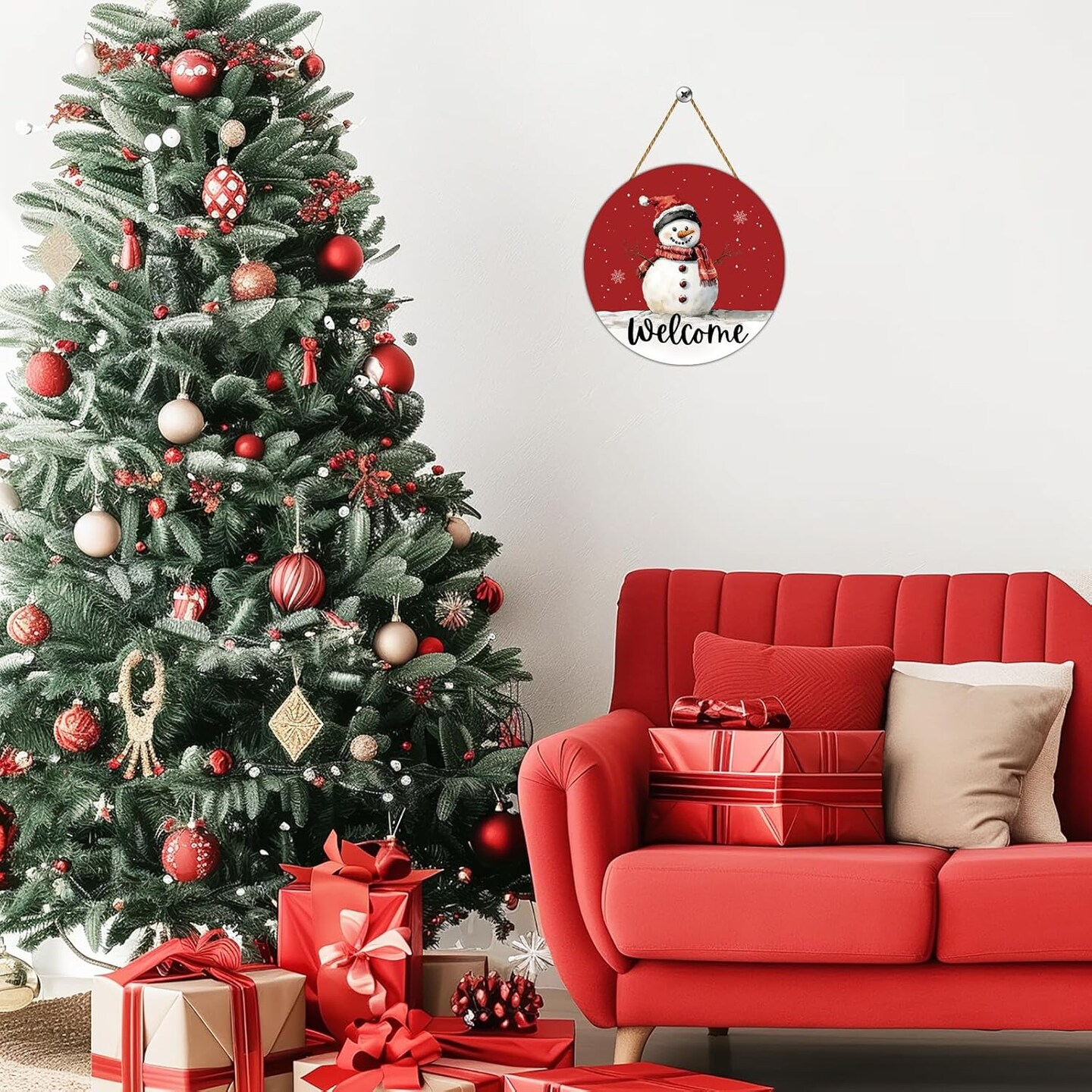 Christmas Snowman Wreath Door Decorations - Red