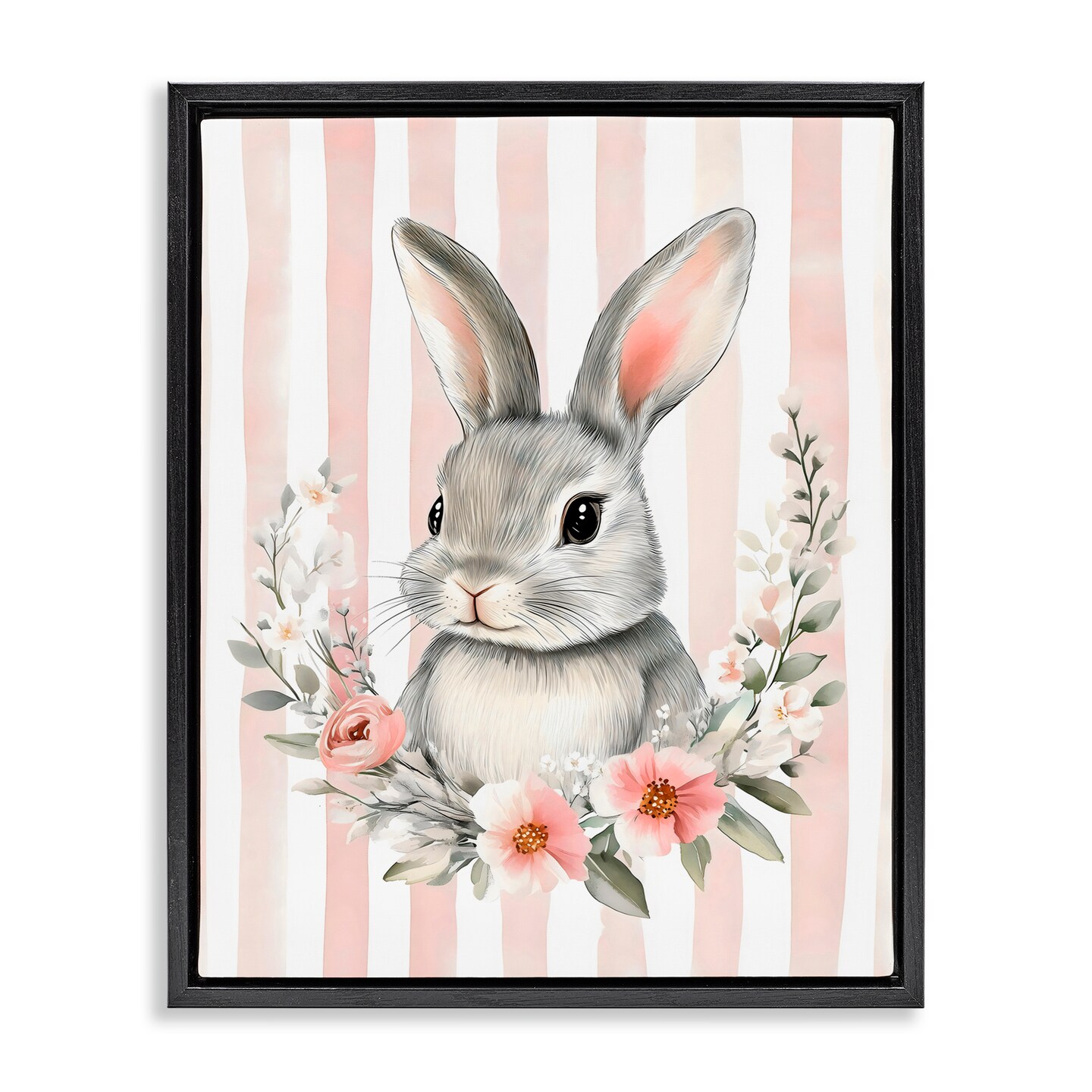Stupell Industries Pink Striped Nursery Bunny Black Framed Floater Canvas Wall Art, design by Arlington Prints