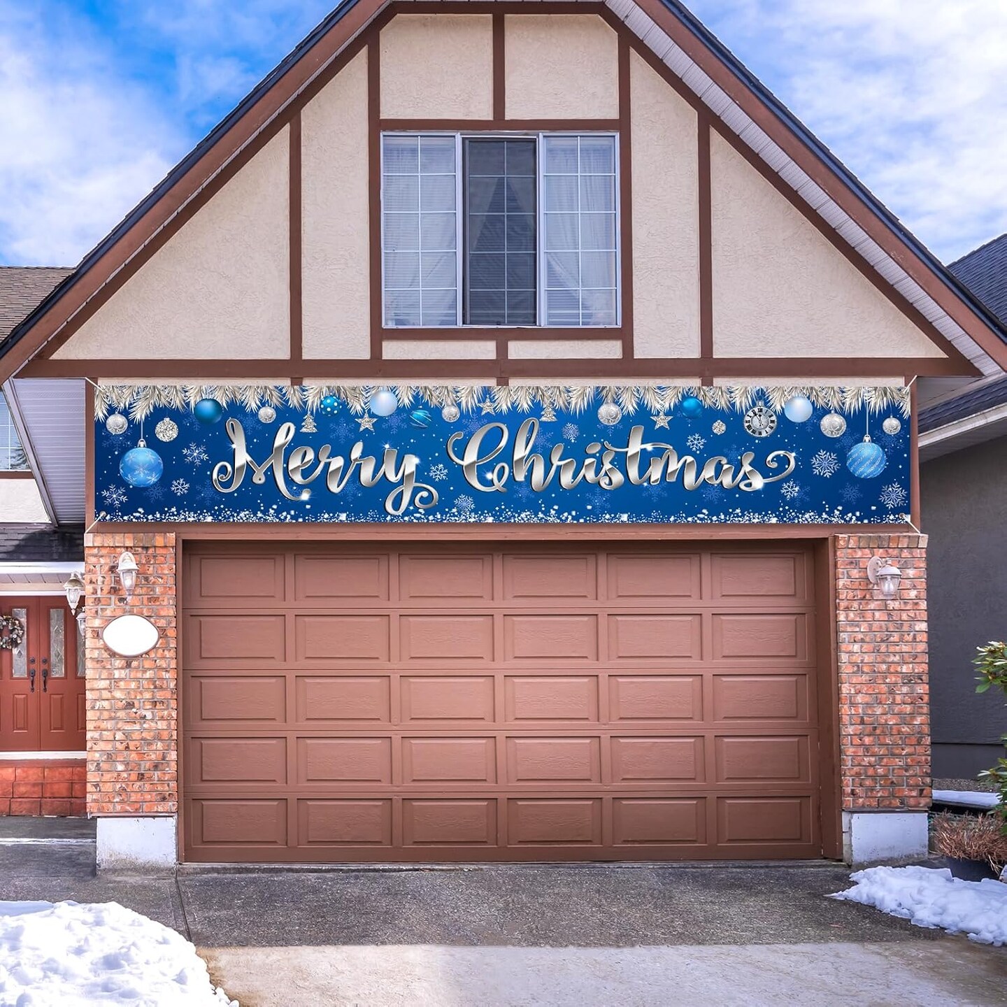 Blue Merry Christmas Large Banner Decorations, Xmas Outdoor Indoor Decorations(Blue)98"L x 17"W