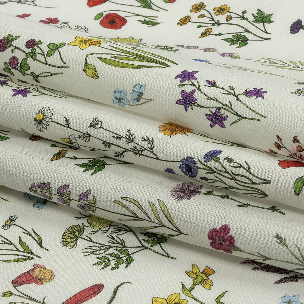 1 Yard Multicolor Wildflower Doodles Medium Weight Linen Woven Fabric