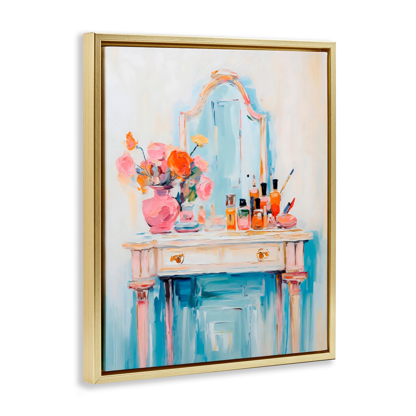 Stupell Industries Vanity with Cosmetic Bottles Black Framed Floater Canvas Wall Art, design by Creative Studio
