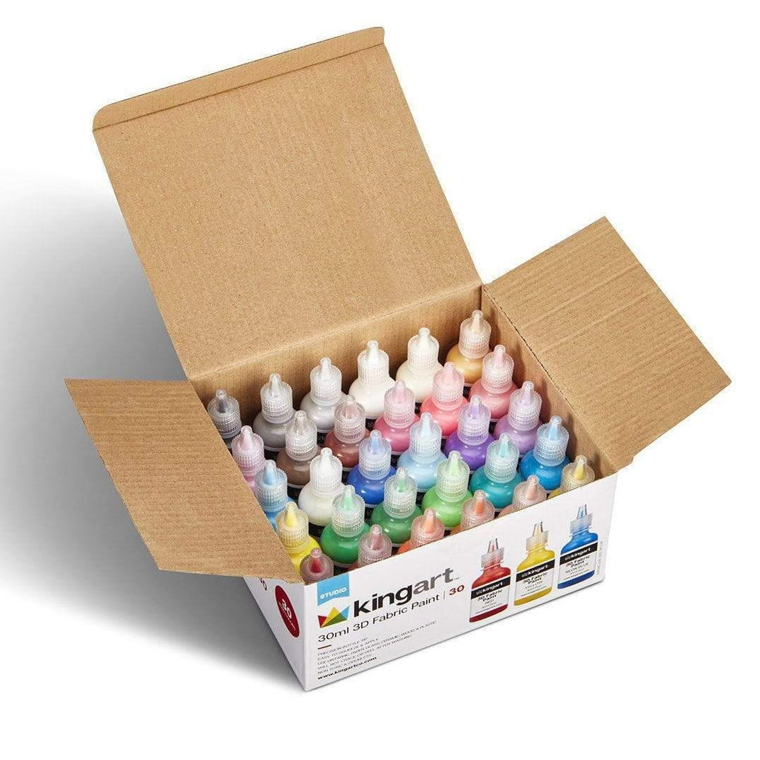 KINGART&#xAE; Permanent 3-D Fabric Paint, Set of 30 Colors, 30ml Bottles, Washer &#x26; Dryer Safe, Textile Paint for Clothes, T-Shirts, Jeans, Bags, Shoes, Art and Craft Supplies for DIY Projects