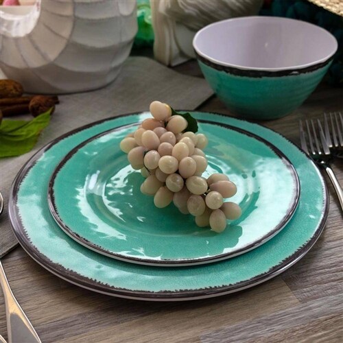 Turquoise Blue Melamine 12-Piece Plates Bowls Dinnerware Set Crackle Design