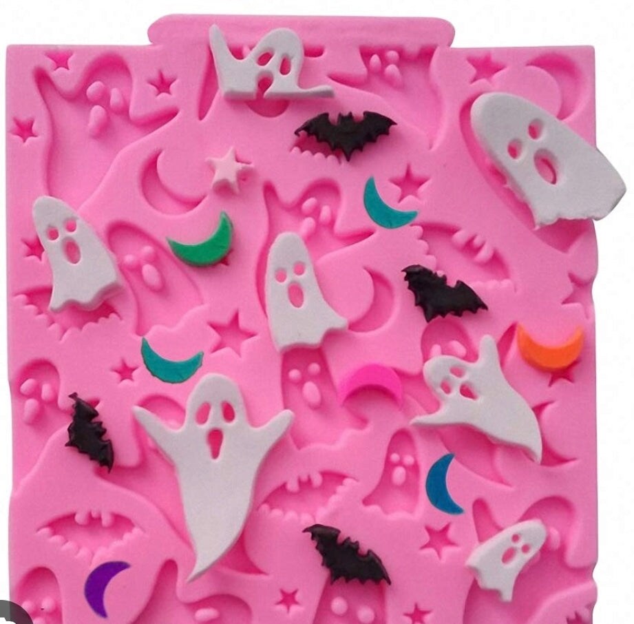 Halloween Ghost Fondant Mold - Silicone Cake Decorating Mat with Bats &#x26; Stars