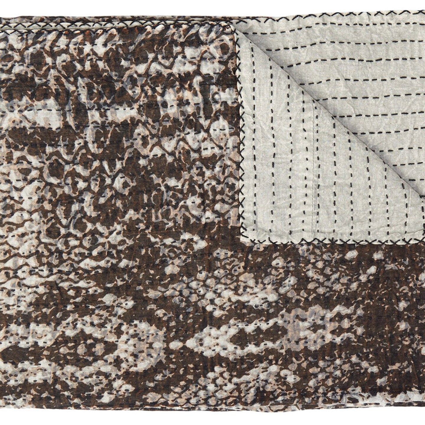 Edge Collections - 50" x 70" - Brown - Artisanal Kantha Throw Blanket with Floral Embroidery - 1 Piece