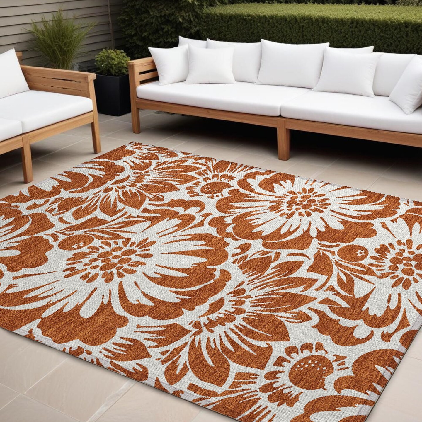 Edge Collections - 8' x 10' - Brown - Area Rug Washable Indoor Use and Outdoor Floral - 1 Piece