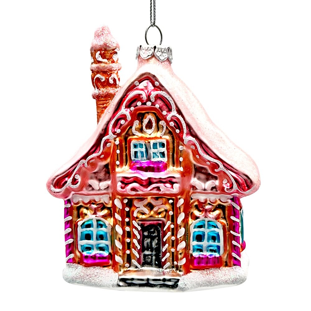 Frosted Pink Cottage Glass Christmas Ornament, Sugar Sweet Gingerbread Home Holiday Tree Decoration