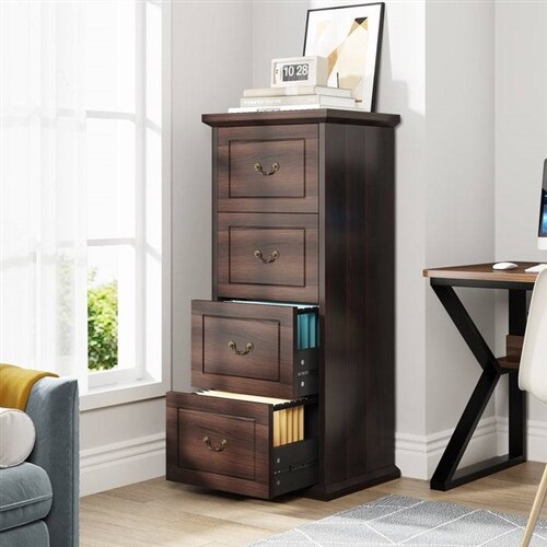 Walnut Solid Wood 4-Drawer Vertical Lockable File Cabinet with Anti-Tip Safety