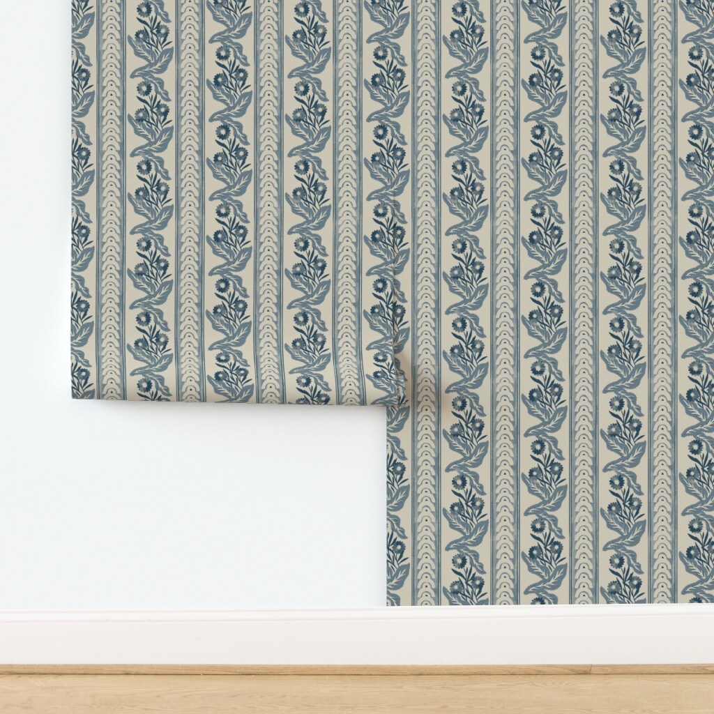Victorian Abstract Cottage Grandmillennial Floral Stripes Leaves Botanical Heritage Vintage Blue Home Decor Arches Antique Traditional Custom Removable Wallpaper by Spoonflower Peel & Stick Wallpaper 2FT Wide