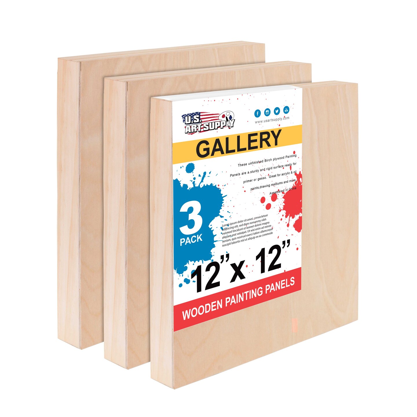 Unfinished Cradled Wood Panels for Painting, 3 Pack of 12x12 inch - Gallery Birch Wooden Canvas Boards 1-1/2&#x22; Deep - Mixed-Media Craft, Acrylic, Oil, Encaustic, Paint Pouring