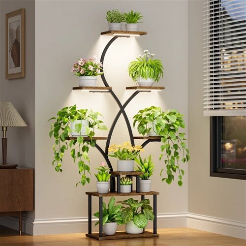 62-Inch Tall Tree-Shaped Indoor Plant Stand with 3-Head Full-Spectrum Grow Lights 8-Tier Corner Display Shelf