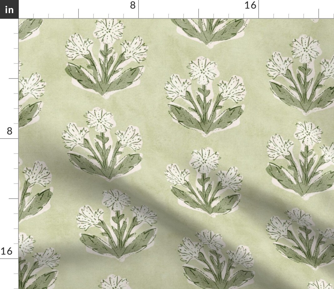 Traditional Botanical Block Print Cottagecore Grandmillennial Preppy Wildflowers Blossom Floral Garden Vintage Green And White Classic Boho Custom Printed Fabric by Spoonflower Various Fabrics by the Yard or Fat Quarter 15925327