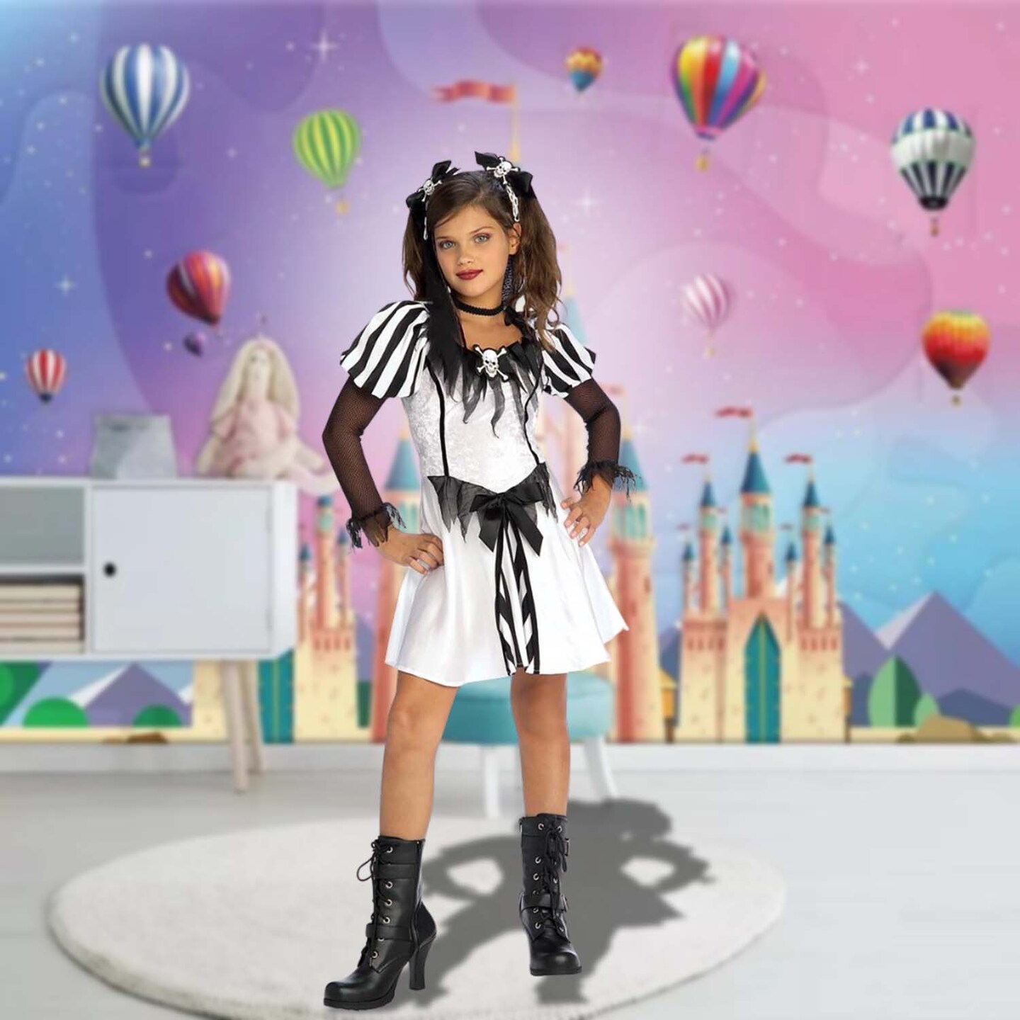 Girls Punky Pirate Costume with Striped Puff Sleeve Dress and Hair Ribbons