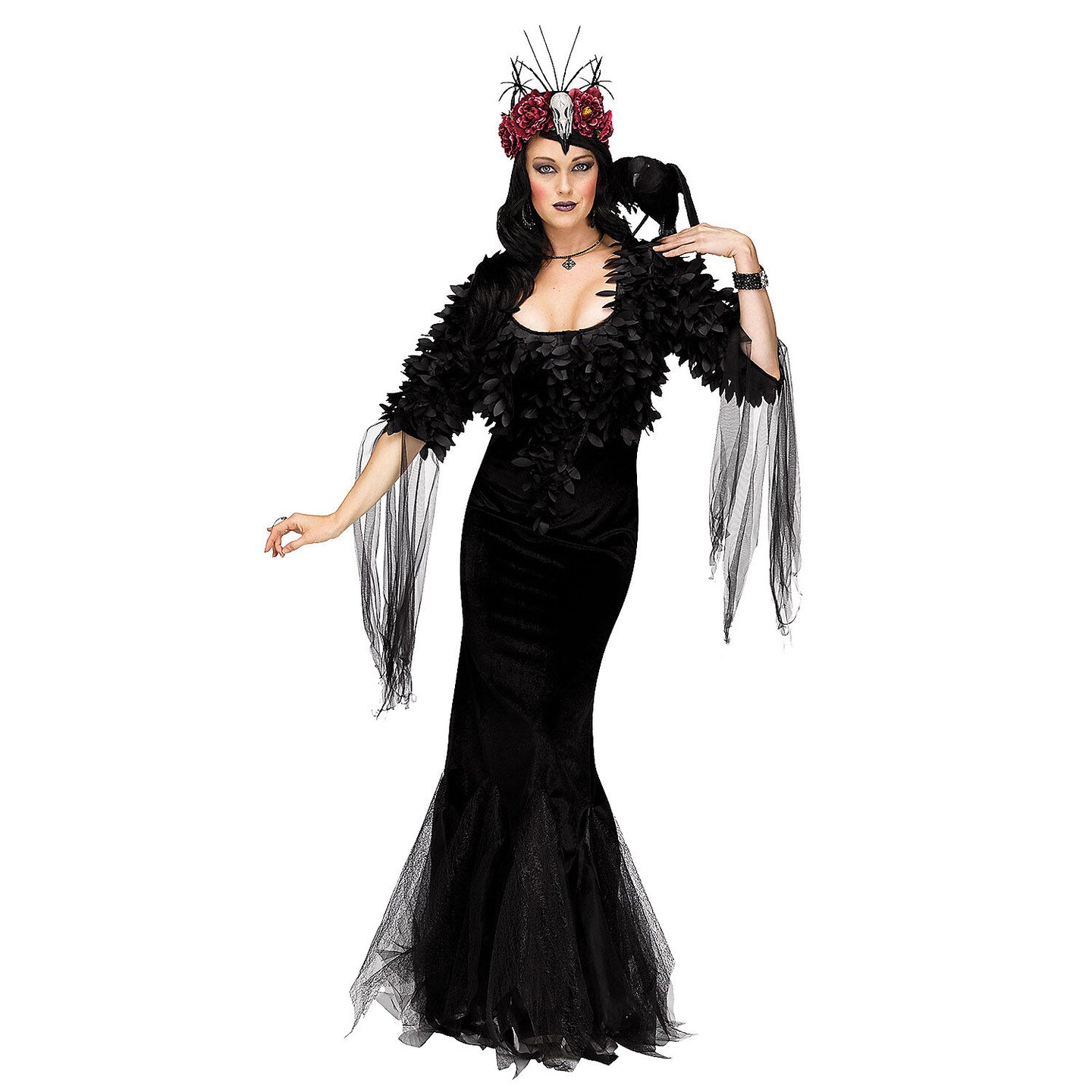 Womens Raven Mistress Costume Black Gown with Feather Shrug and Skull Headpiece