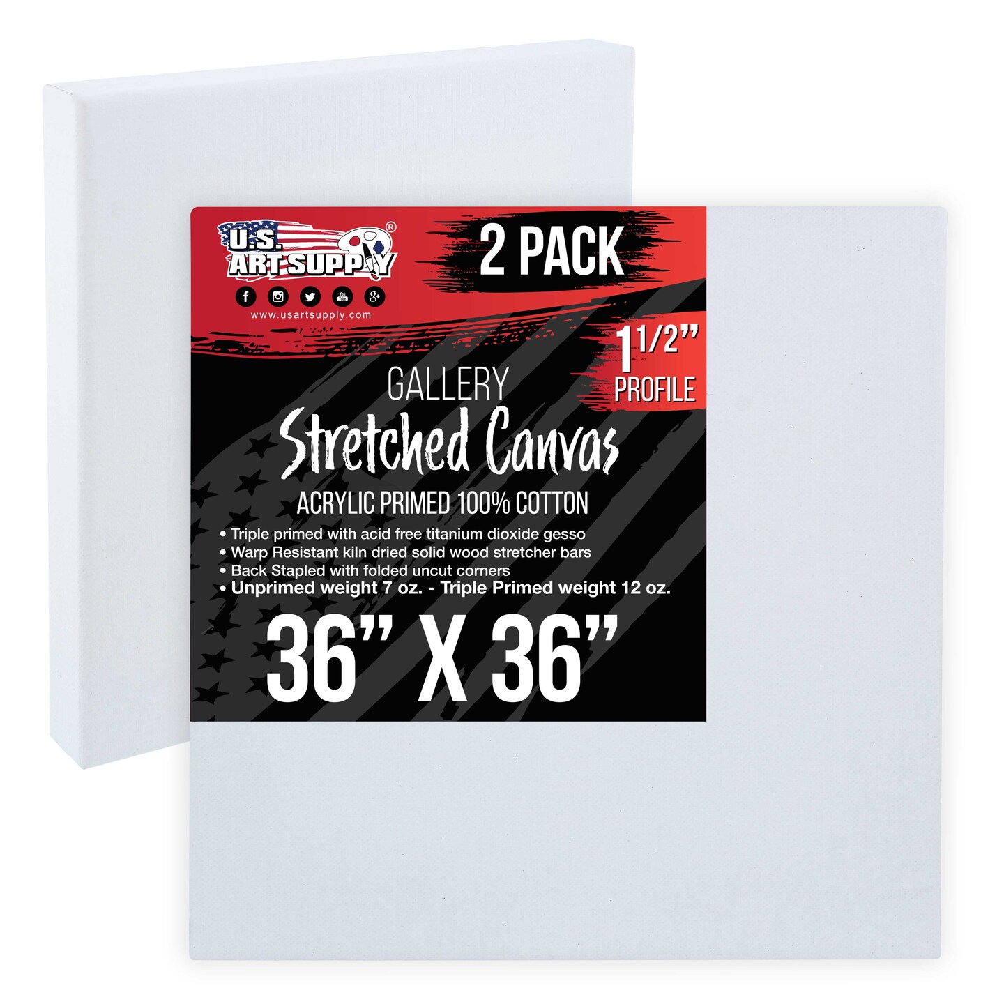 X-Large Stretched Canvas for Painting 36x36 inch Gallery Depth 1-1/2&#x22; Thick, 2-Pack - 12oz Acrylic Gesso Triple Primed, Professional Artist Quality, 100% Cotton - Oil, Pouring Paint