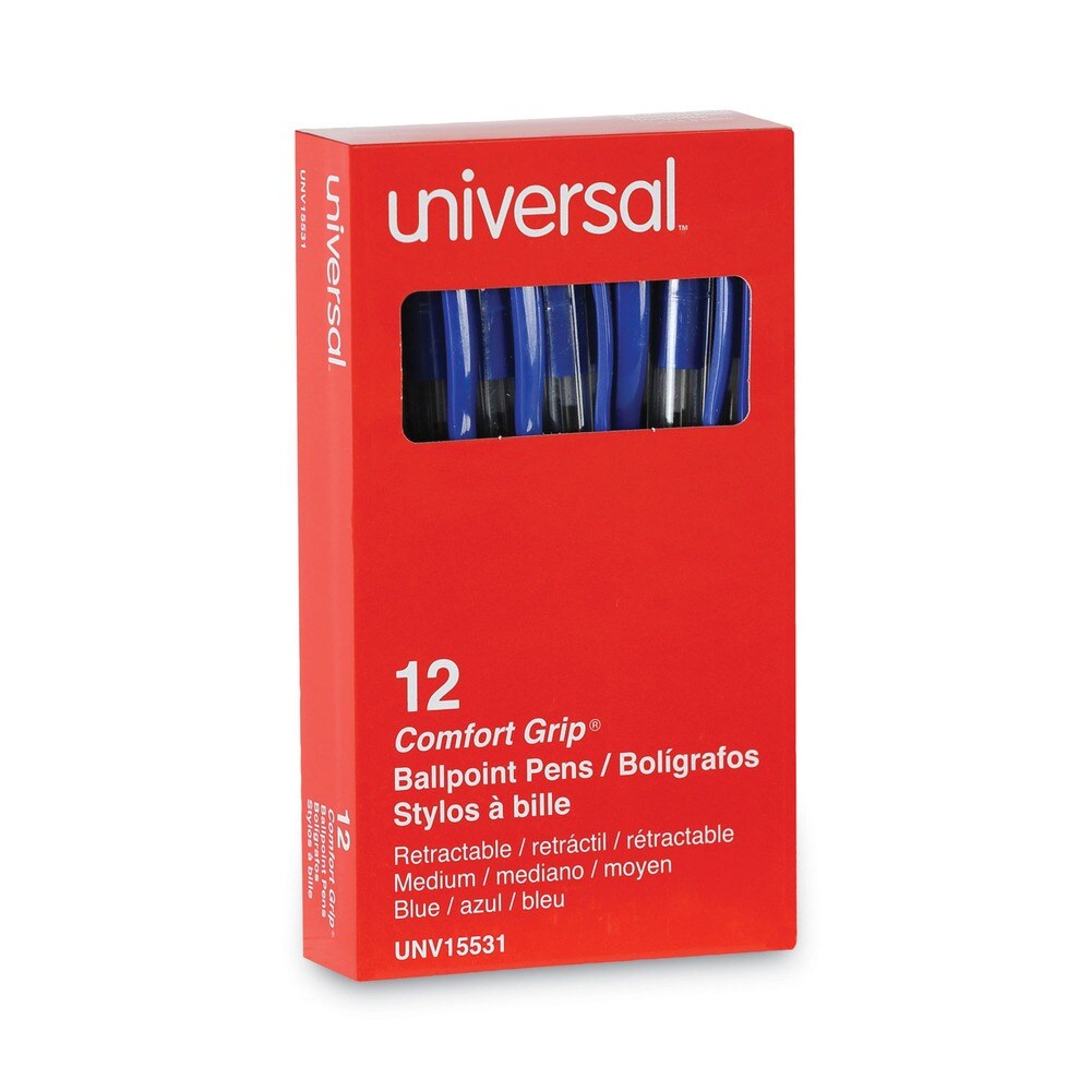 Universal 1 mm Comfort Grip Retractable Ballpoint Pens - Medium, Blue (1 Dozen)