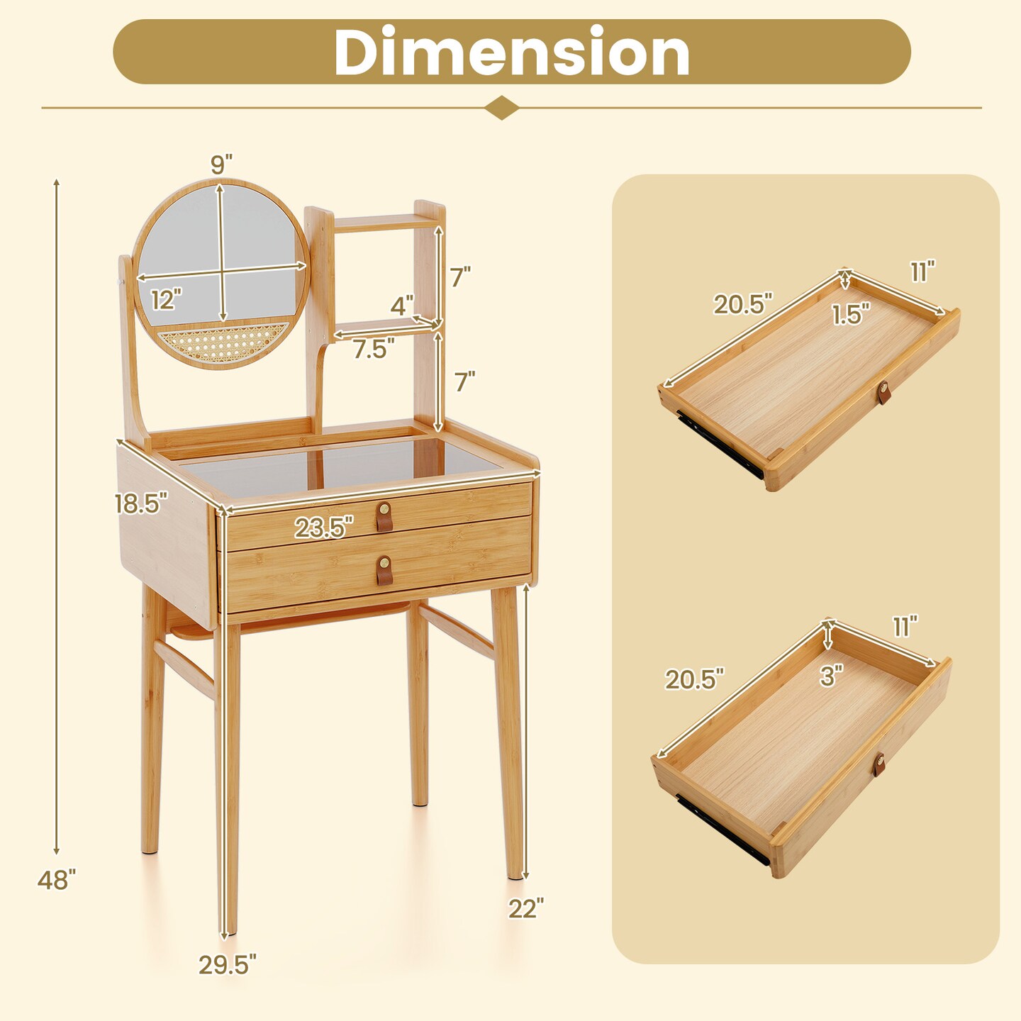 Vanity Desk Set with Stool, Mirror, and 2 Drawers for Bedroom