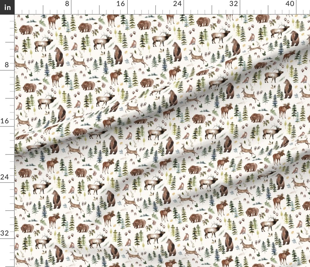 Watercolor Forest Green Trees Bear Elk Fox Deer Moose Gender Neutral Animals Custom Printed Fabric by Spoonflower Various Fabrics by the Yard or Fat Quarter